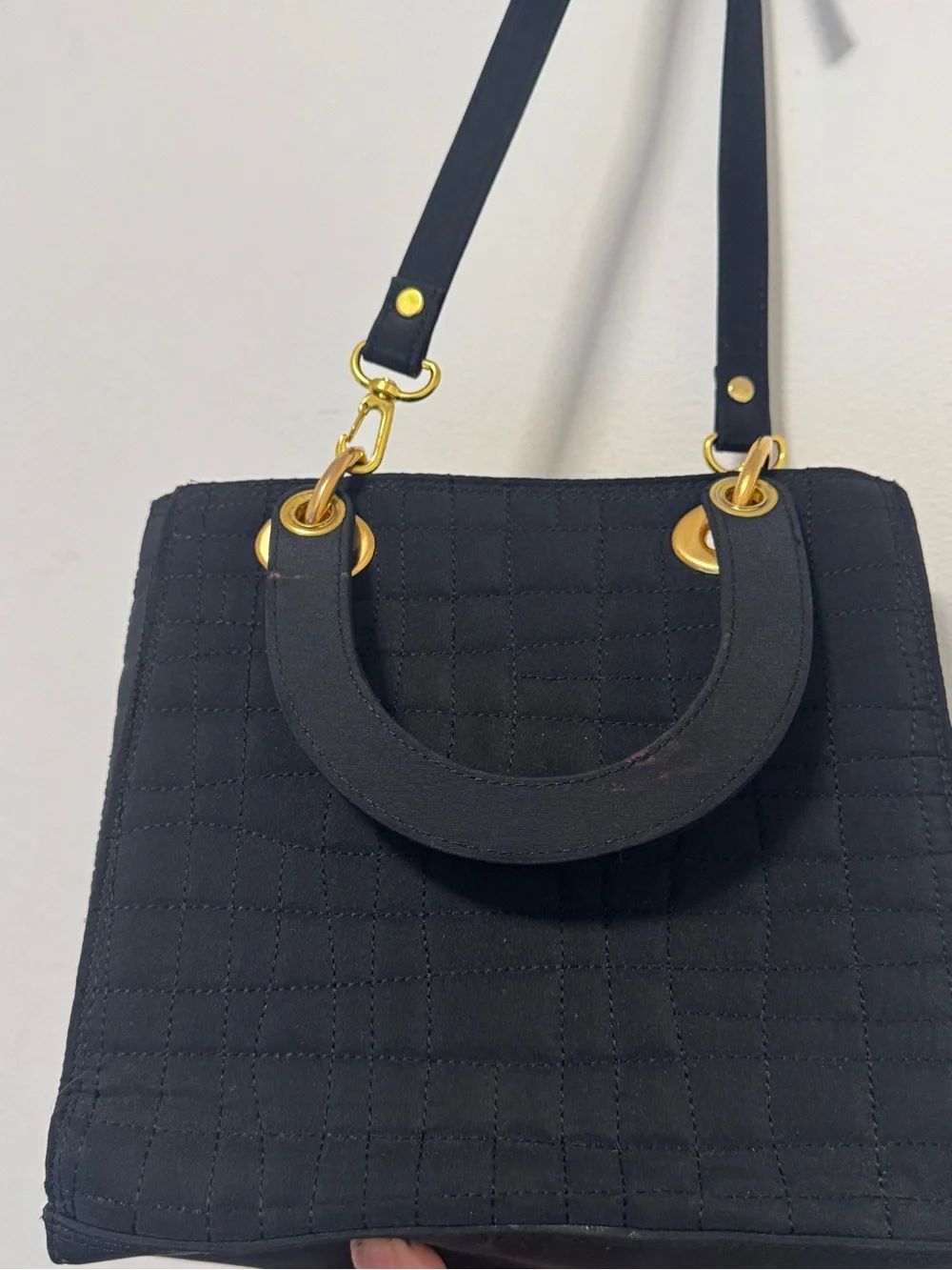 Black Quilted Tote Bag Gold‎ Hardware Top Handle Crossbody Shoulder Purse